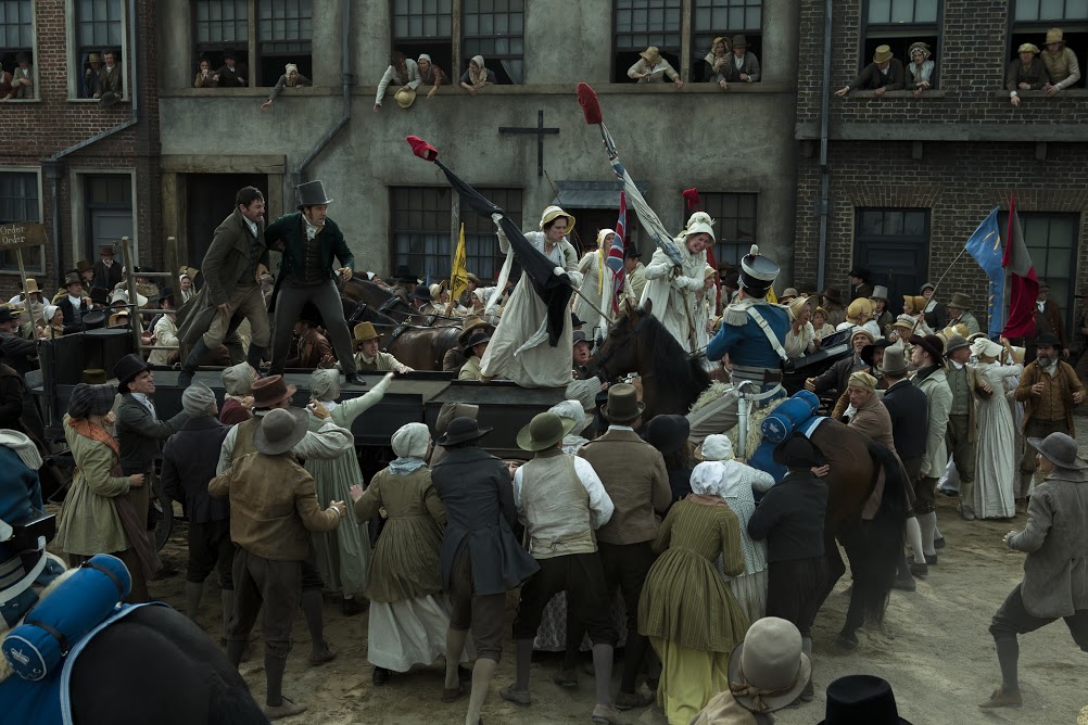 PETERLOO featuring John-Paul Hurley as John Thacker Saxton, Joseph Kloska as Richard Carlile, Victoria Moseley as Susanna Saxton, and Dorothy Duffy as Mary Fildes courtesy of Amazon Studios.