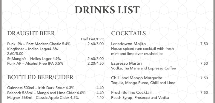 drinks list
